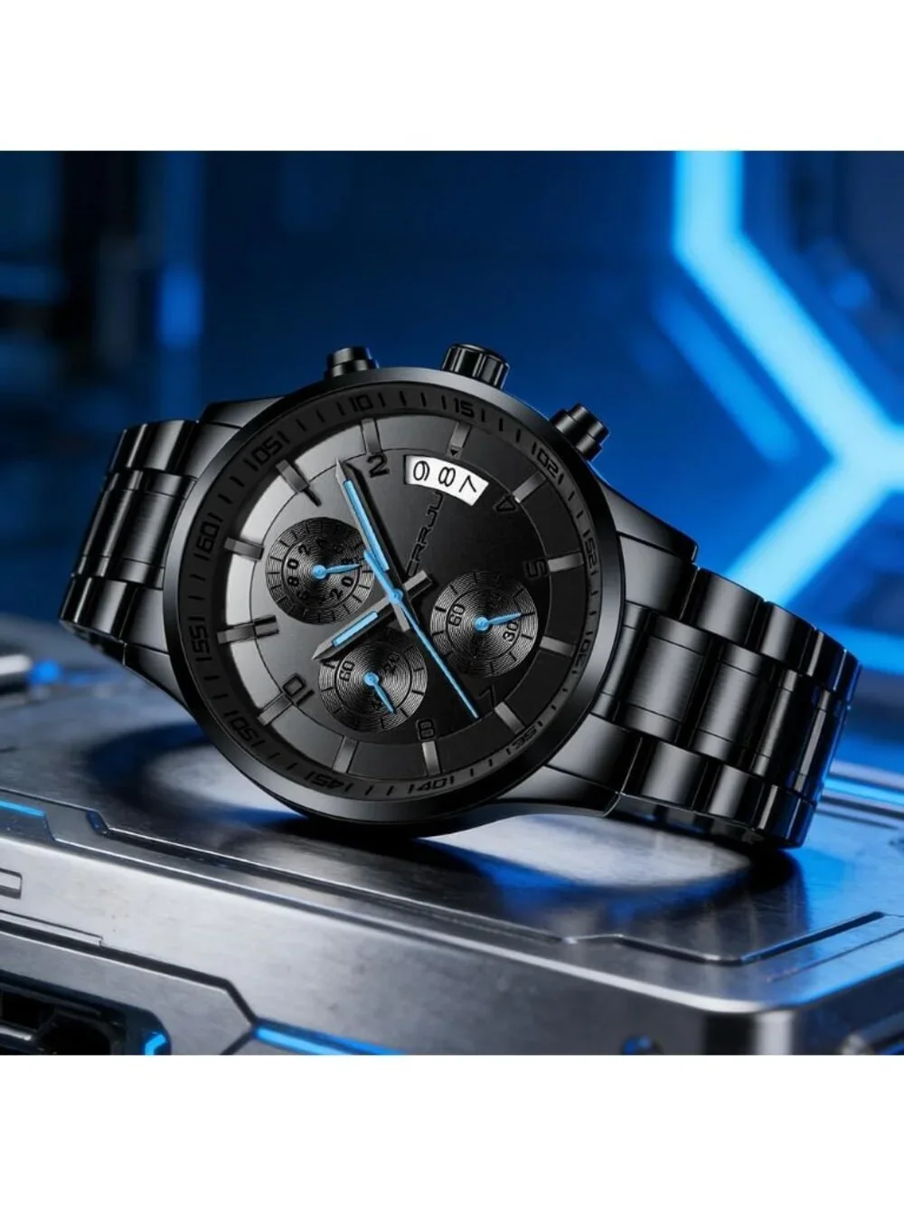 Men's Black And Blue Analog Stainless Steel Waterproof Chronograph Wrist Watch